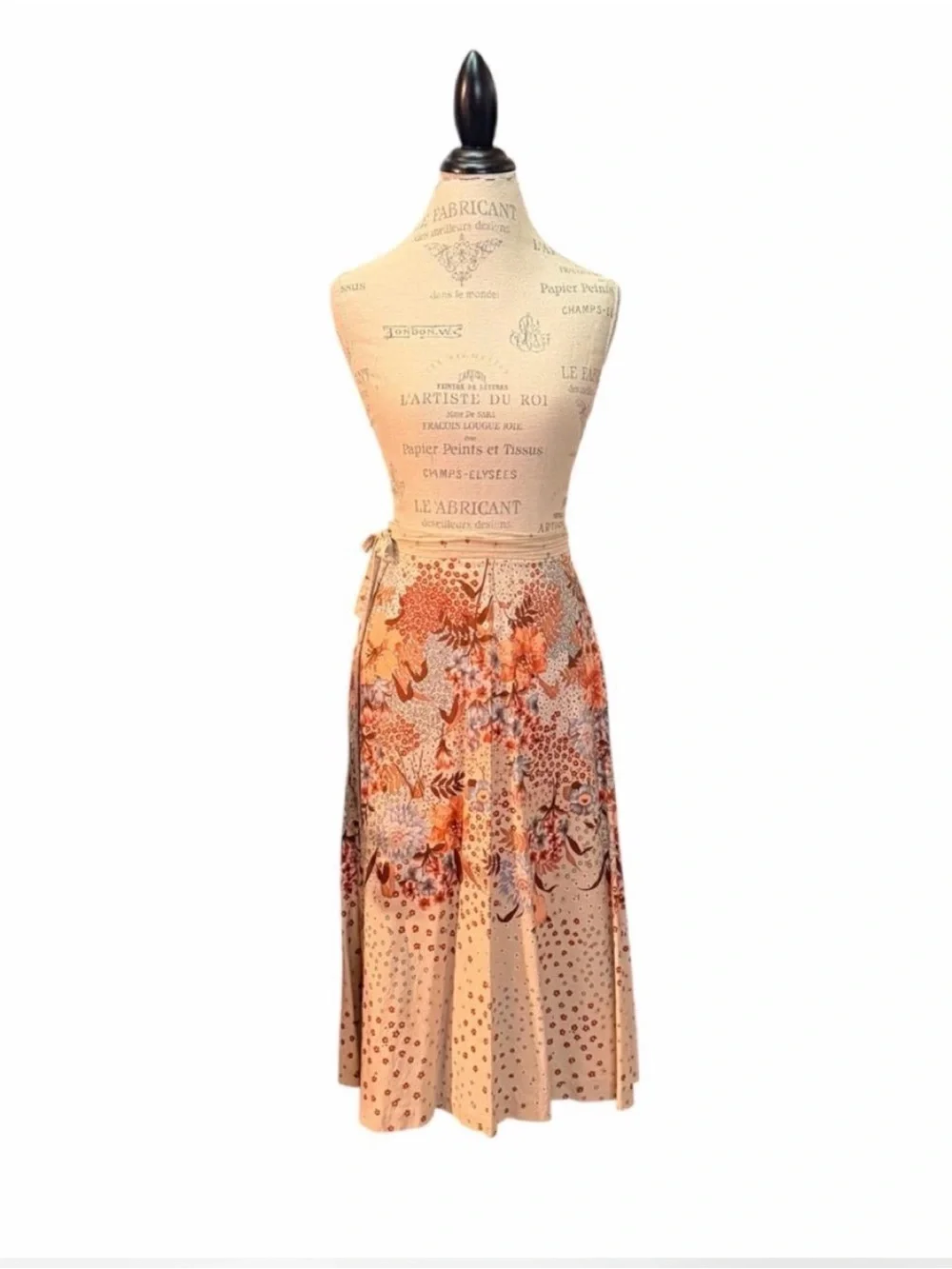Orange, Brown, and Beige Floral Print A-Line  Midi Wrap Skirt